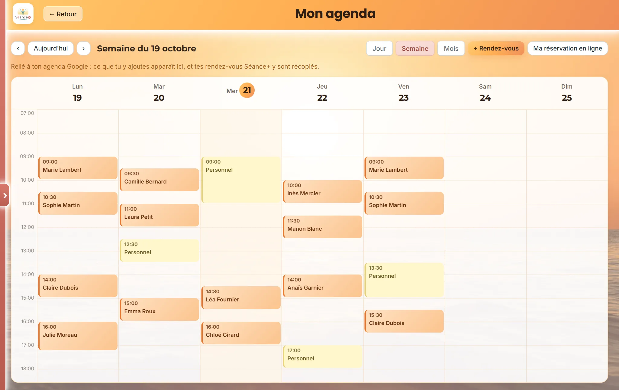 Agenda de Séance+ en vue semaine