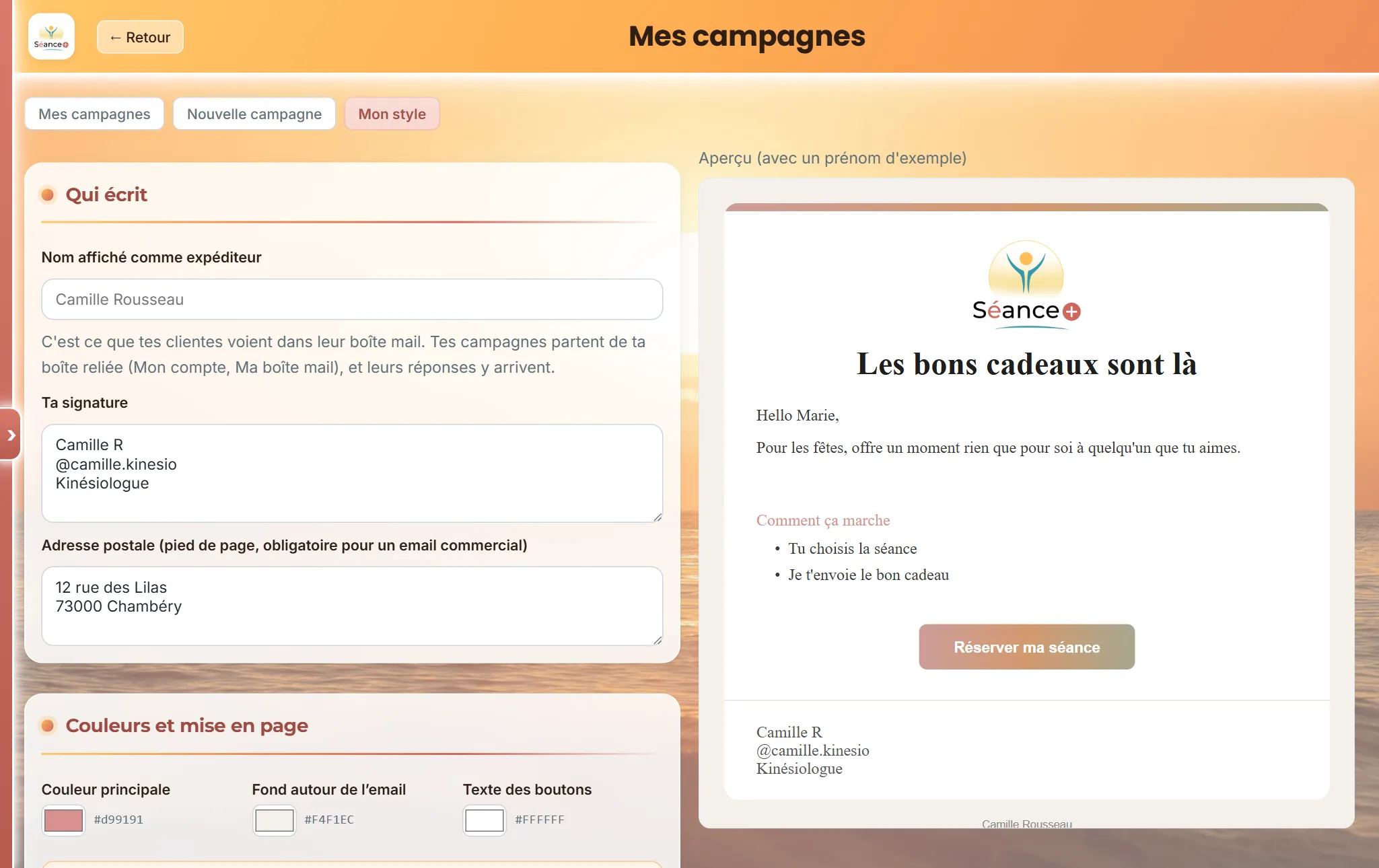 Réglage du style des campagnes email dans Séance+, avec l'aperçu de l'email